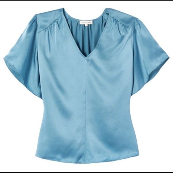 Rebecca Taylor Short-Sleeve Silk Charmeuse V-Neck Top, Size 6 - Picture 4 of 16